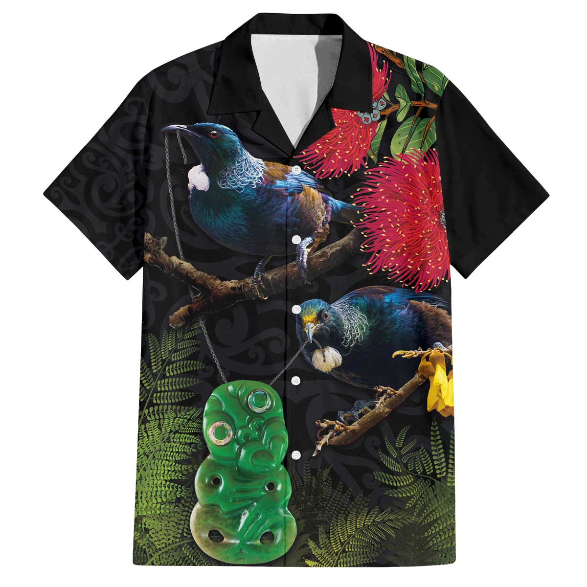 New Zealand Tui Family Matching Off The Shoulder Long Sleeve Dress and Hawaiian Shirt Guardians of the Hei Tiki - Maori Art and Plants