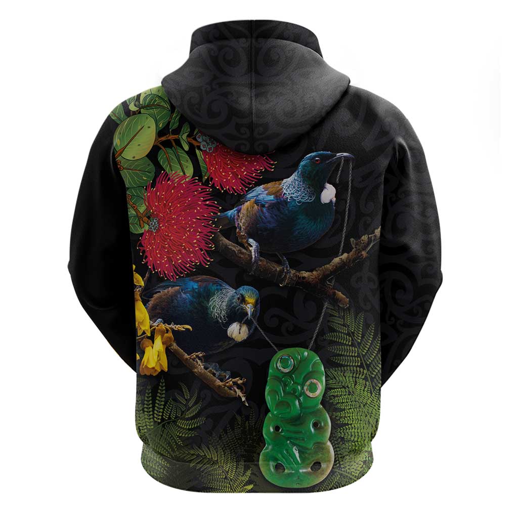 New Zealand Tui Hoodie Guardians of the Hei Tiki - Maori Art and Plants