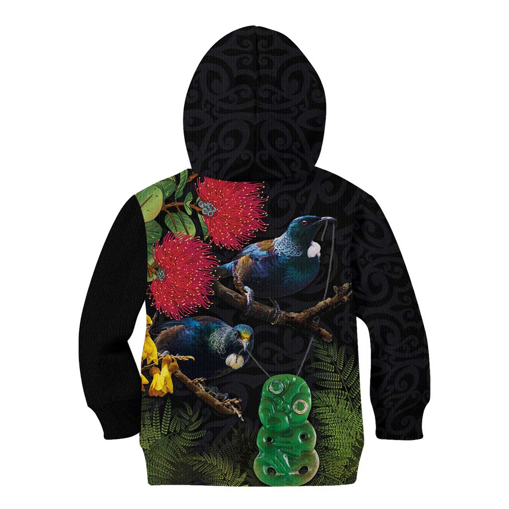 New Zealand Tui Kid Hoodie Guardians of the Hei Tiki - Maori Art and Plants