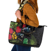 New Zealand Tui Leather Tote Bag Guardians of the Hei Tiki - Maori Art and Plants