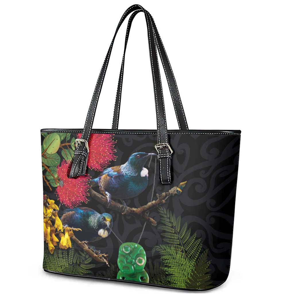 New Zealand Tui Leather Tote Bag Guardians of the Hei Tiki - Maori Art and Plants