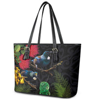 New Zealand Tui Leather Tote Bag Guardians of the Hei Tiki - Maori Art and Plants