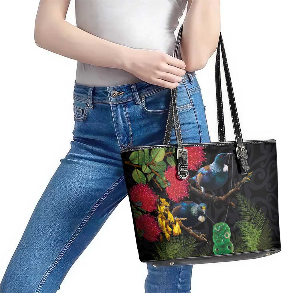 New Zealand Tui Leather Tote Bag Guardians of the Hei Tiki - Maori Art and Plants