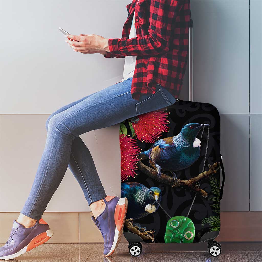 New Zealand Tui Luggage Cover Guardians of the Hei Tiki - Maori Art and Plants