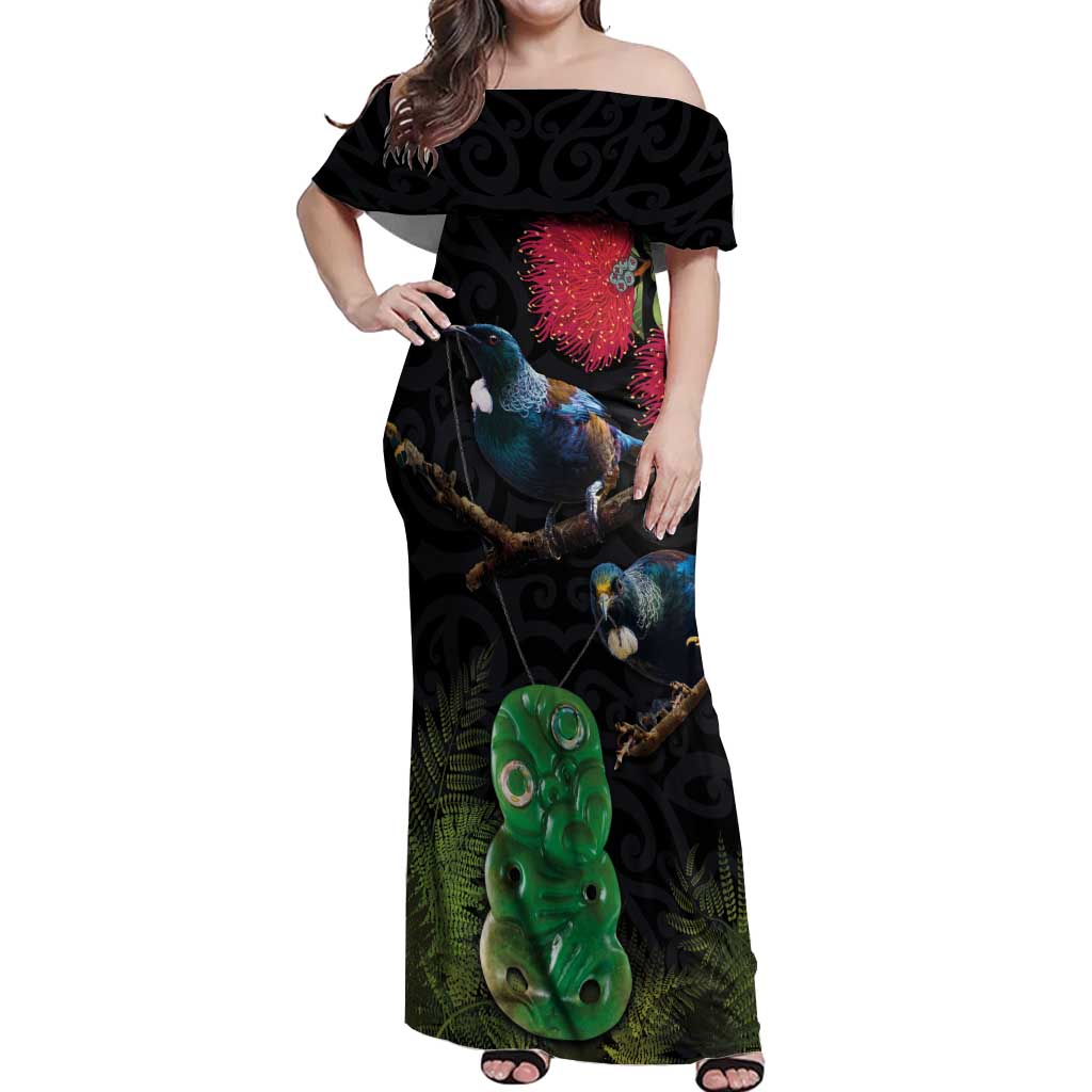 New Zealand Tui Off Shoulder Maxi Dress Guardians of the Hei Tiki - Maori Art and Plants