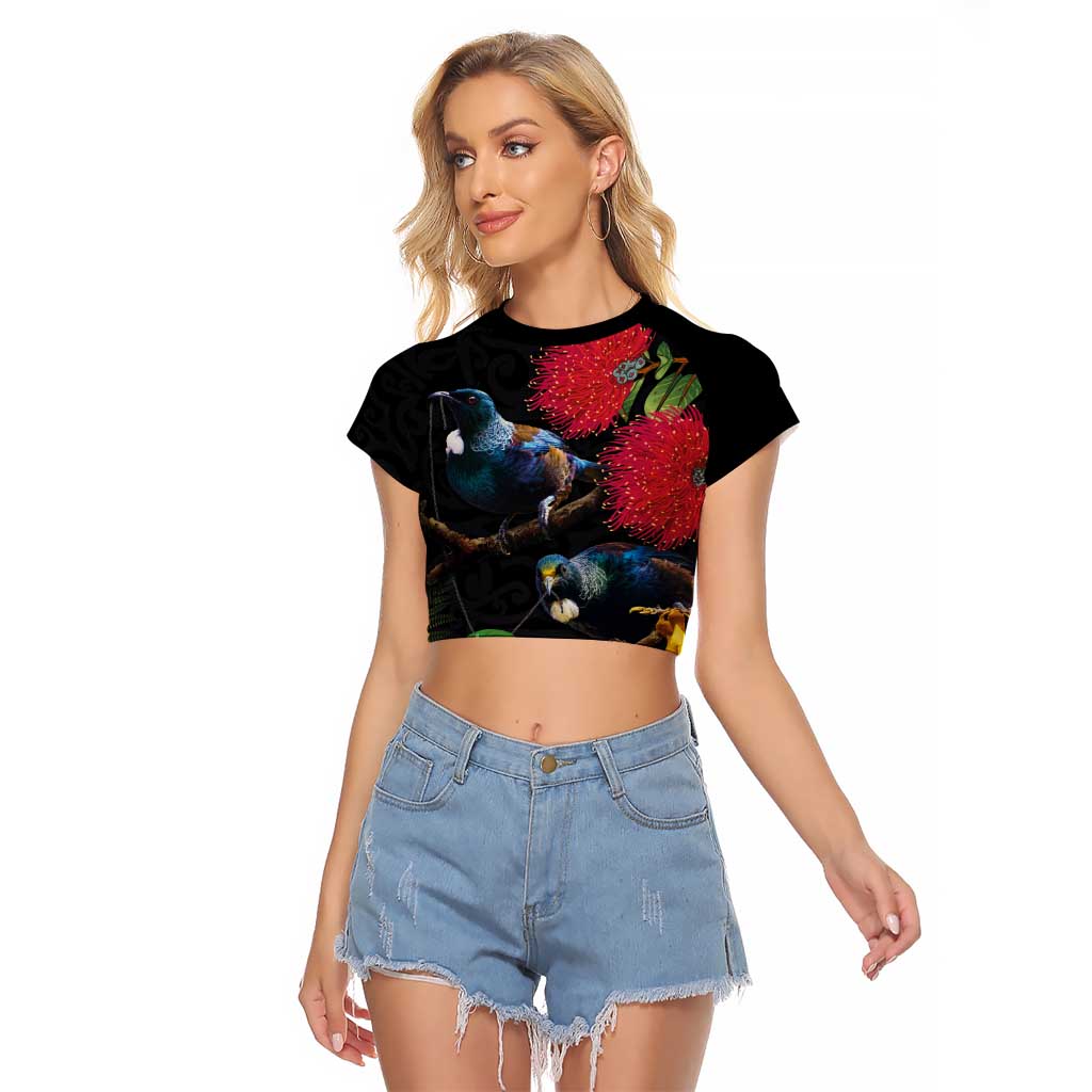 New Zealand Tui Raglan Cropped T Shirt Guardians of the Hei Tiki - Maori Art and Plants LT03 Female Black - Polynesian Pride
