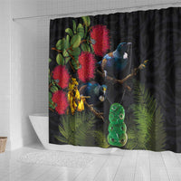 New Zealand Tui Shower Curtain Guardians of the Hei Tiki - Maori Art and Plants