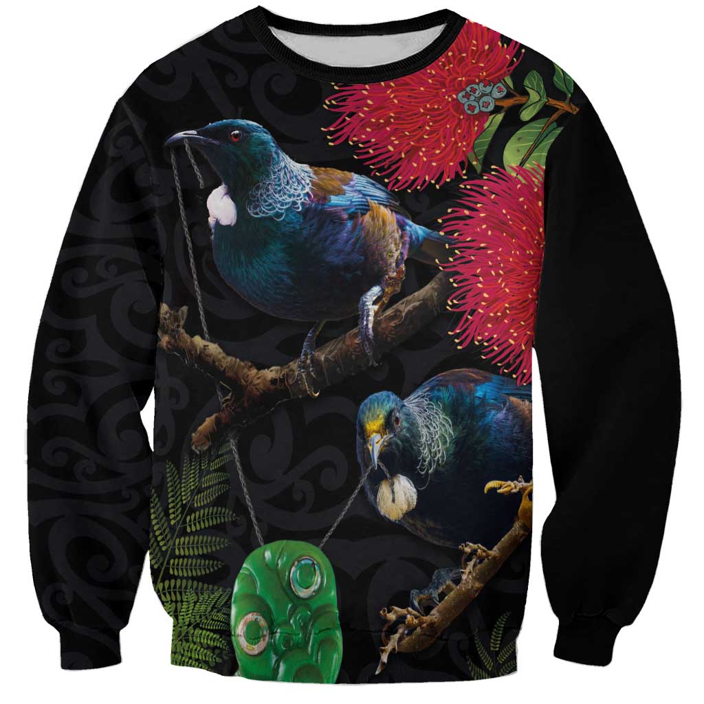 New Zealand Tui Sweatshirt Guardians of the Hei Tiki - Maori Art and Plants