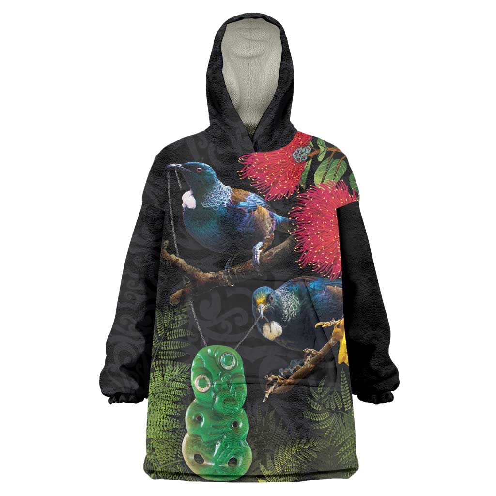 New Zealand Tui Wearable Blanket Hoodie Guardians of the Hei Tiki - Maori Art and Plants LT03 One Size Black - Polynesian Pride