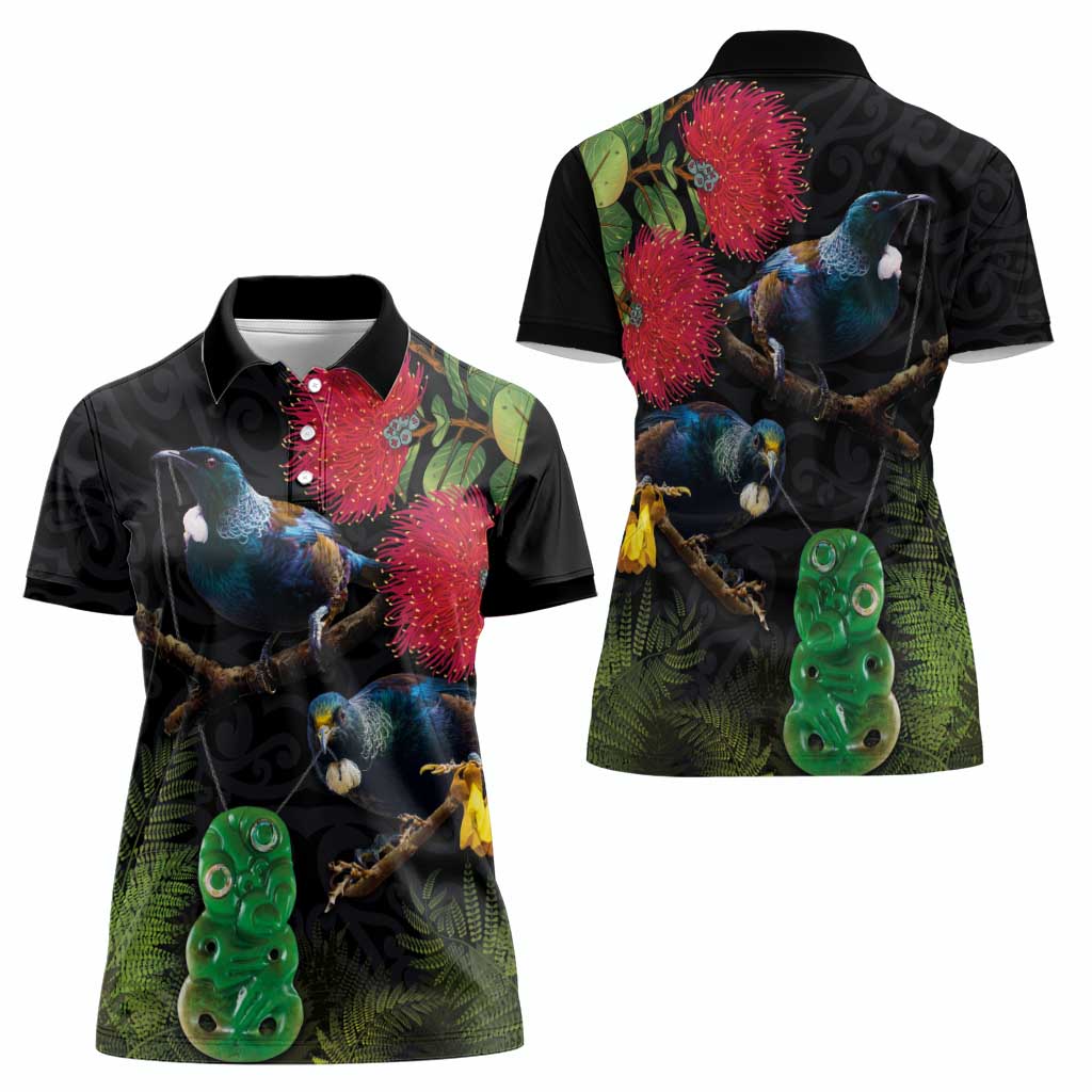 New Zealand Tui Women Polo Shirt Guardians of the Hei Tiki - Maori Art and Plants