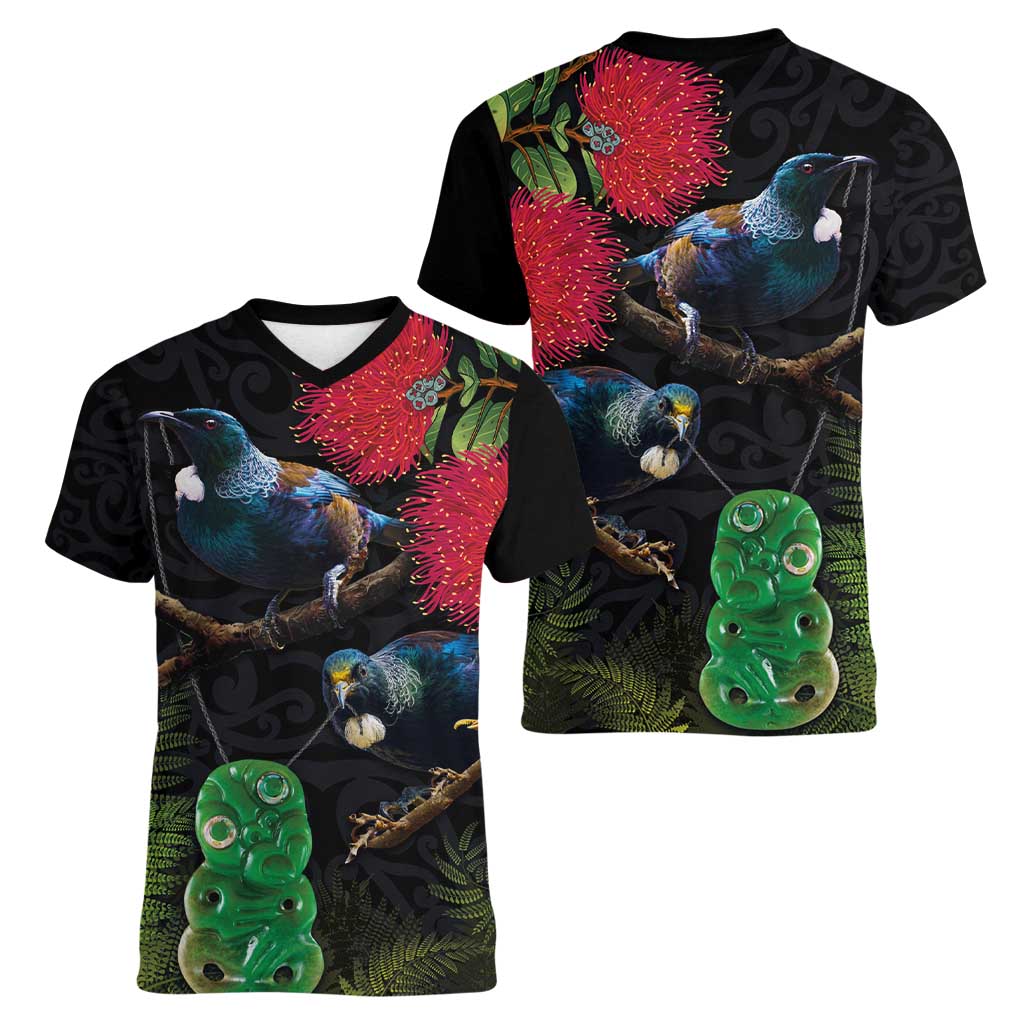 New Zealand Tui Women V-Neck T-Shirt Guardians of the Hei Tiki - Maori Art and Plants
