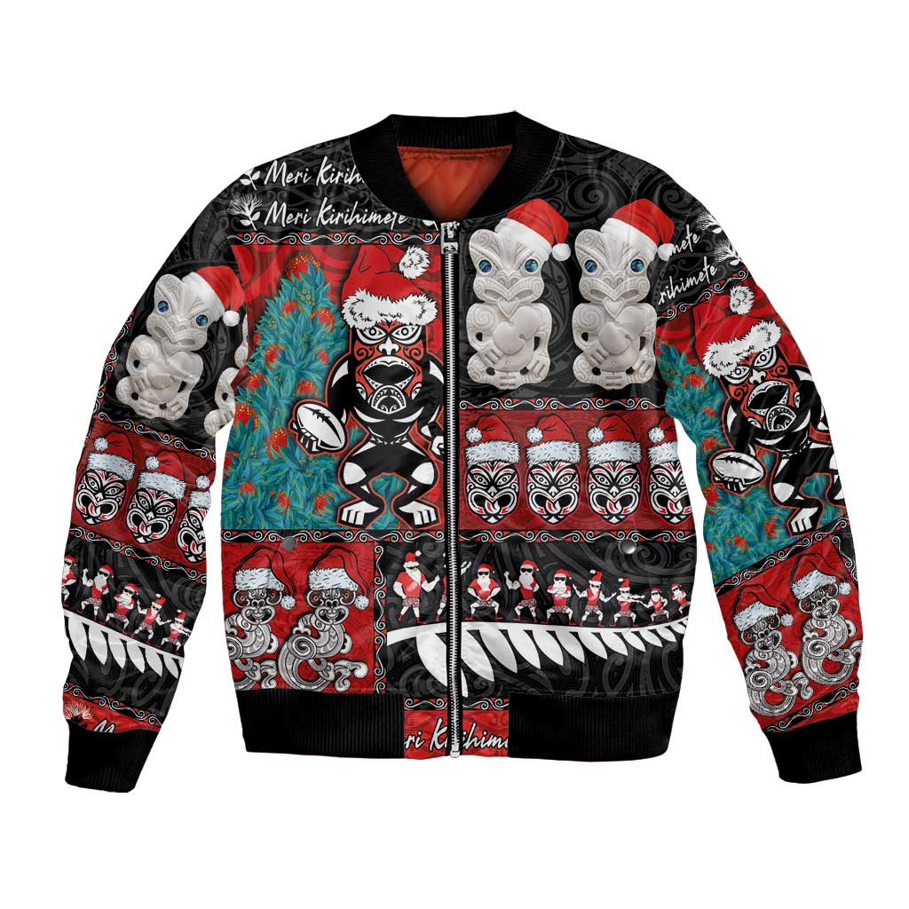 New Zealand Christmas Bomber Jacket Maori Christmas Spirit - Meri Kirihimete LT03 Unisex Black - Polynesian Pride