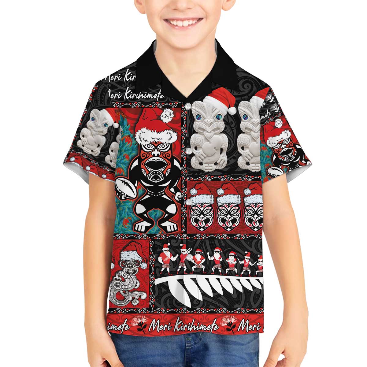 New Zealand Christmas Family Matching Off The Shoulder Long Sleeve Dress and Hawaiian Shirt Maori Christmas Spirit - Meri Kirihimete