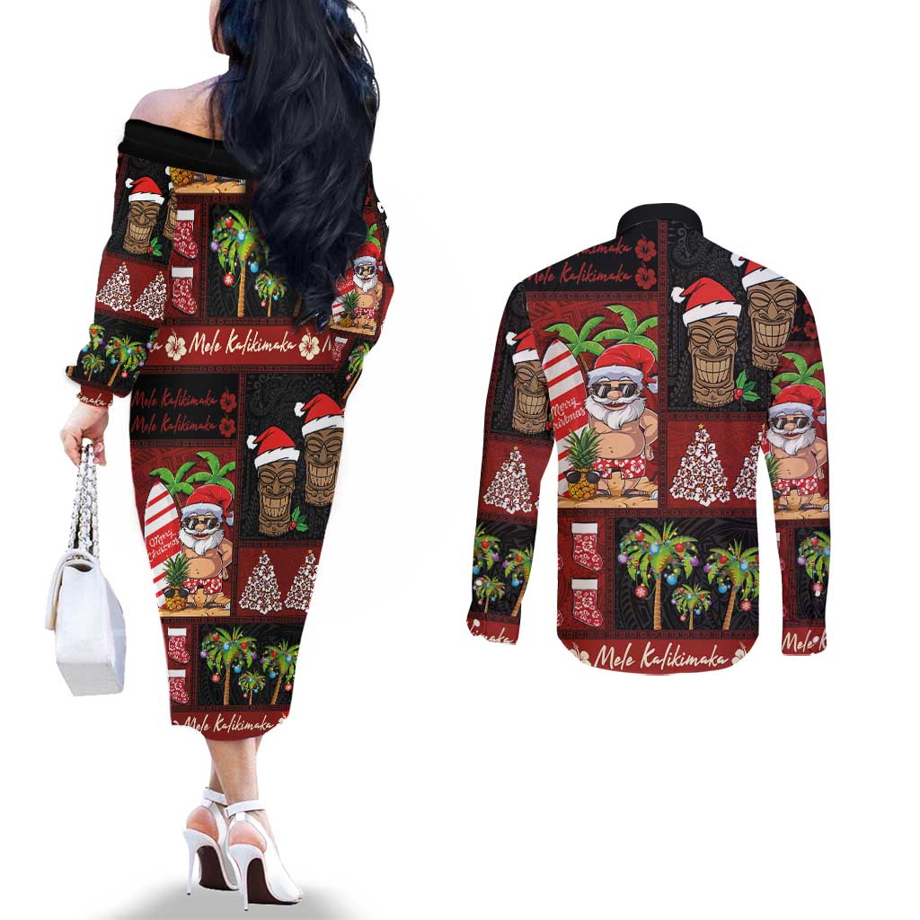 Hawaiian Christmas Couples Matching Off The Shoulder Long Sleeve Dress and Long Sleeve Button Shirt - Mele Kalikimaka Island Holiday Vibes - Black Red