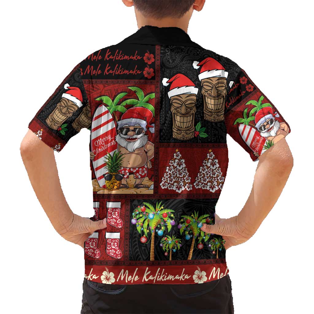 Hawaiian Christmas Family Matching Long Sleeve Bodycon Dress and Hawaiian Shirt - Mele Kalikimaka Island Holiday Vibes - Black Red
