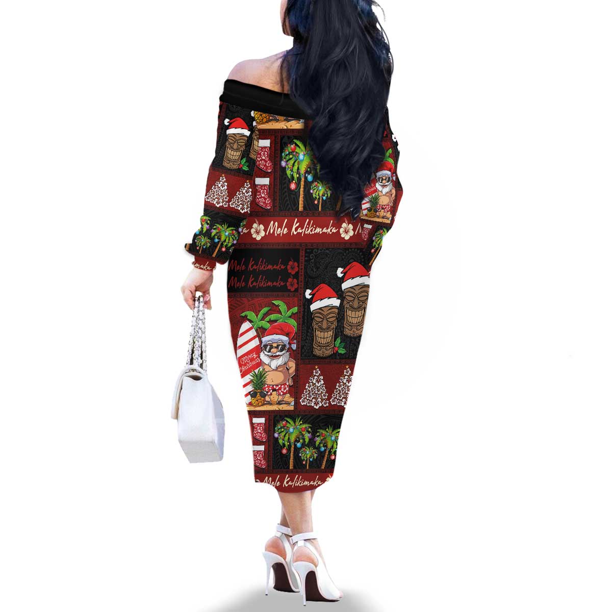 Hawaiian Christmas Family Matching Off The Shoulder Long Sleeve Dress and Hawaiian Shirt - Mele Kalikimaka Island Holiday Vibes - Black Red