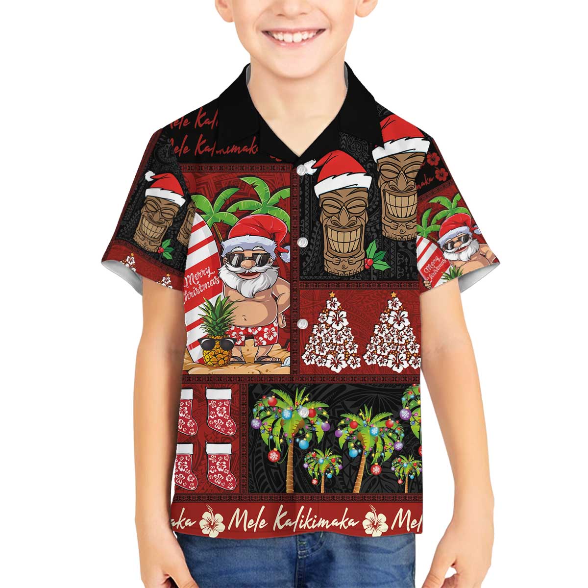 Hawaiian Christmas Family Matching Off The Shoulder Long Sleeve Dress and Hawaiian Shirt - Mele Kalikimaka Island Holiday Vibes - Black Red