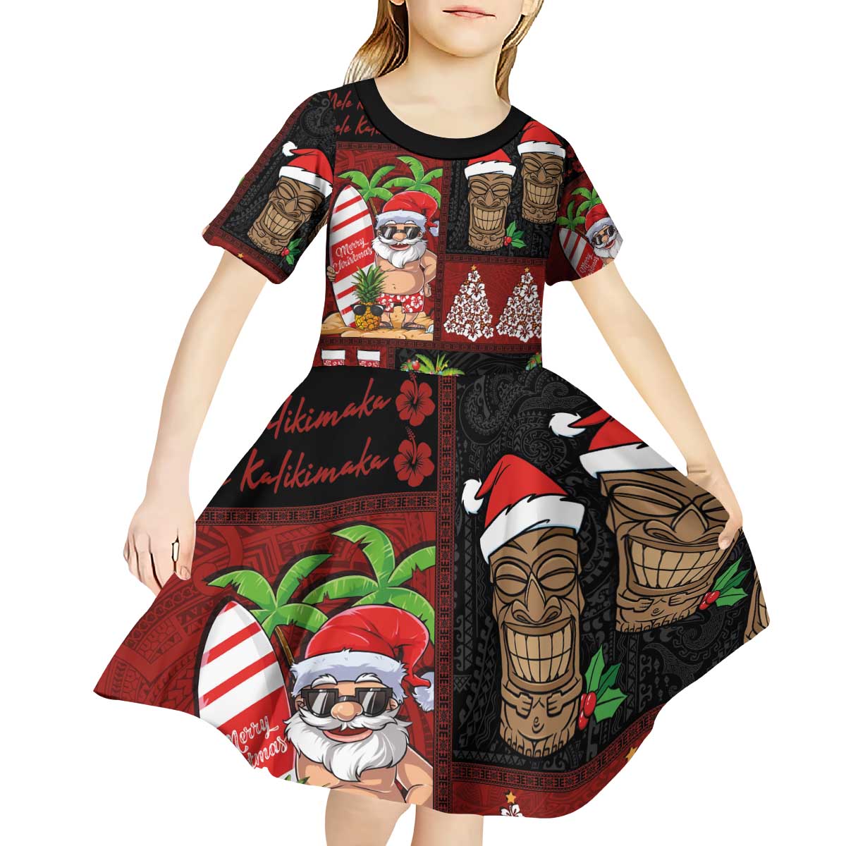 Hawaiian Christmas Kid Short Sleeve Dress - Mele Kalikimaka Island Holiday Vibes - Black Red