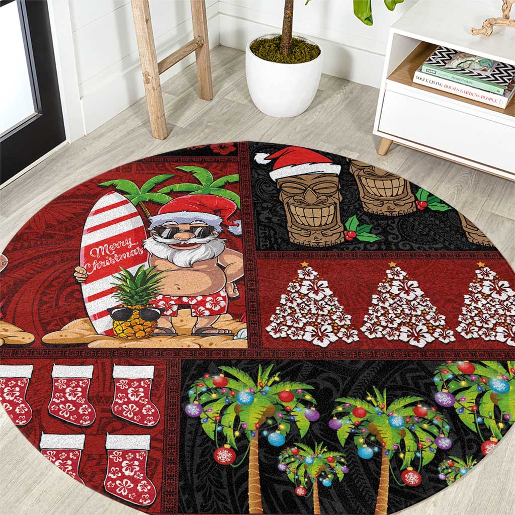 Hawaiian Christmas Round Carpet - Mele Kalikimaka Island Holiday Vibes - Black Red LT03 Black - Red - Polynesian Pride