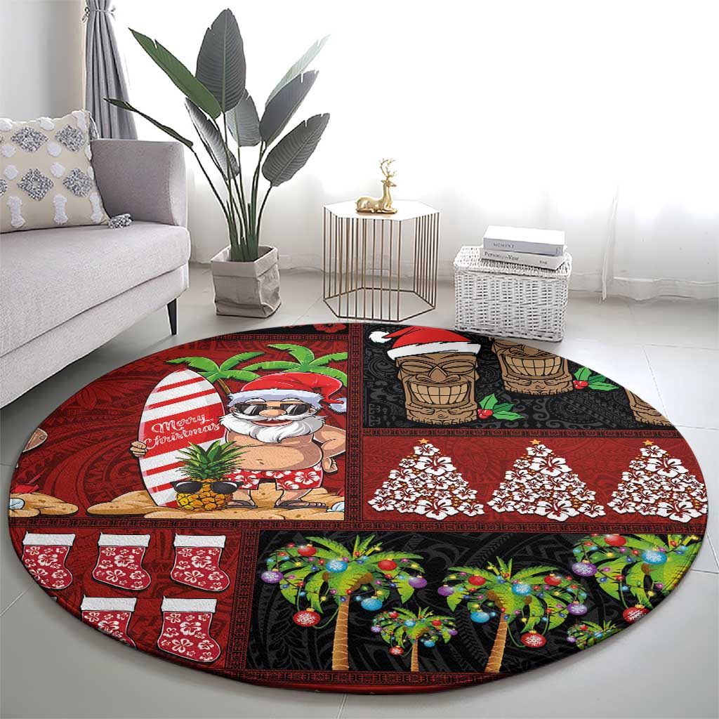 Hawaiian Christmas Round Carpet - Mele Kalikimaka Island Holiday Vibes - Black Red LT03 - Polynesian Pride