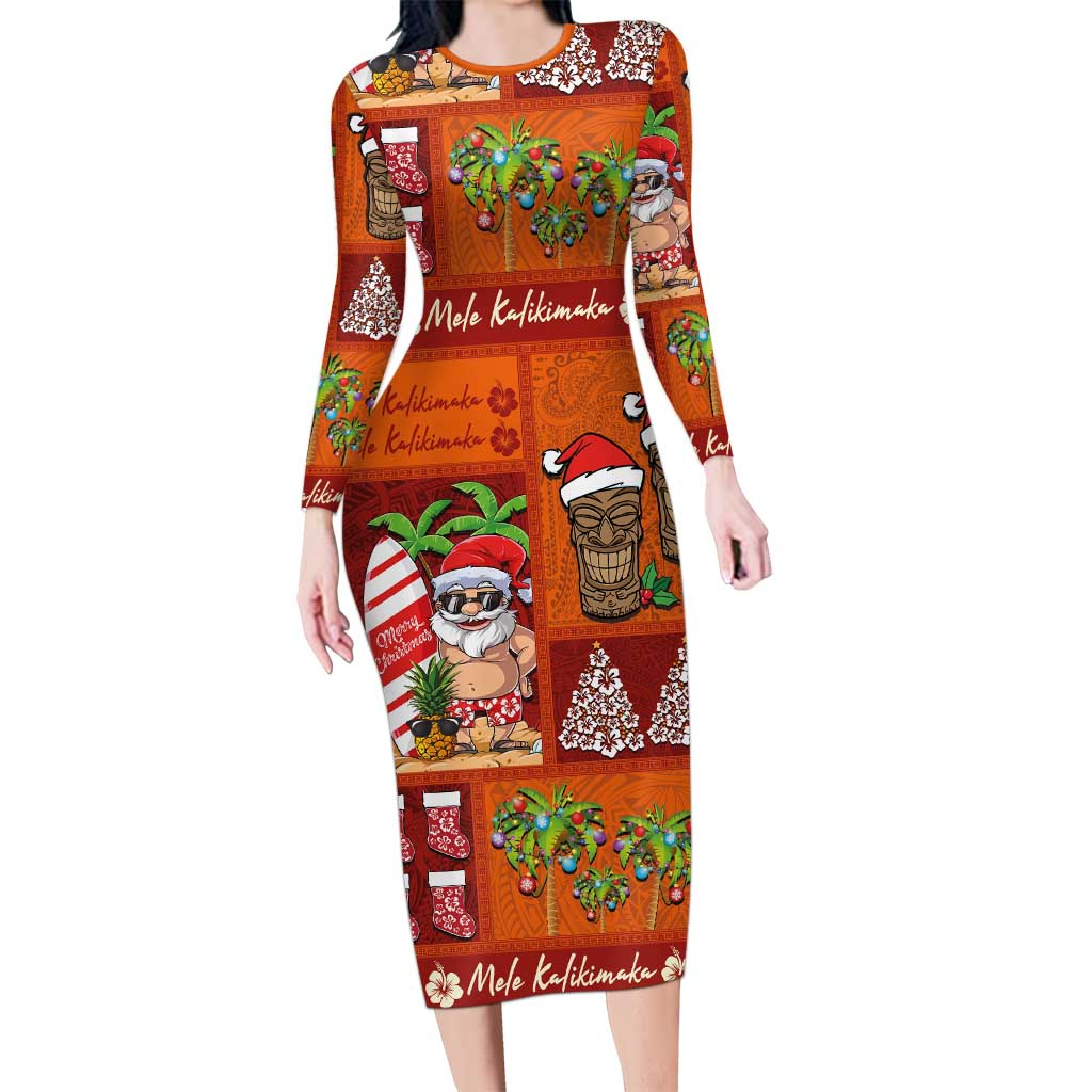 Hawaiian Christmas Family Matching Long Sleeve Bodycon Dress and Hawaiian Shirt - Mele Kalikimaka Island Holiday Vibes - Red Orange
