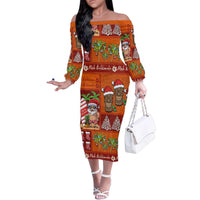 Hawaiian Christmas Family Matching Off The Shoulder Long Sleeve Dress and Hawaiian Shirt - Mele Kalikimaka Island Holiday Vibes - Red Orange