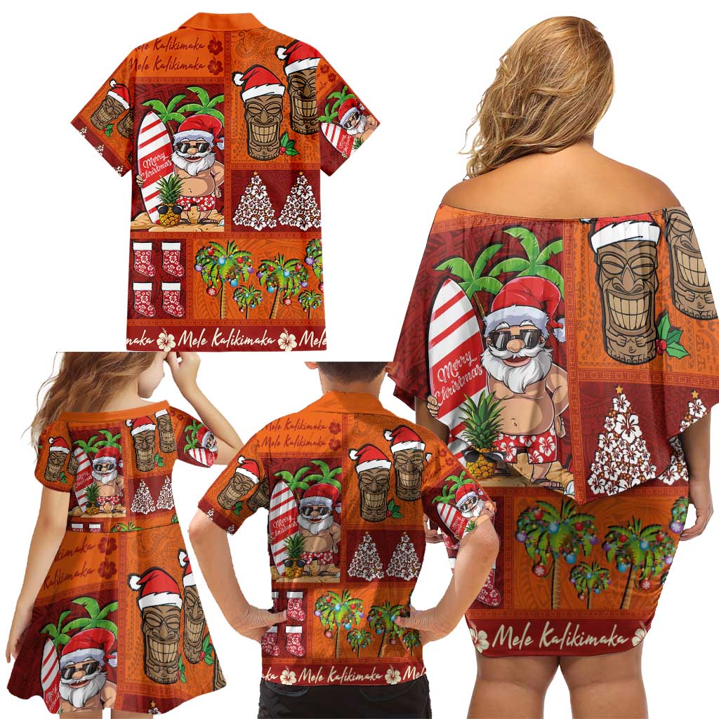 Hawaiian Christmas Family Matching Off Shoulder Short Dress and Hawaiian Shirt - Mele Kalikimaka Island Holiday Vibes - Red Orange