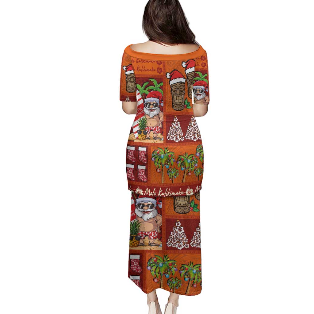 Hawaiian Christmas Family Matching Puletasi and Hawaiian Shirt - Mele Kalikimaka Island Holiday Vibes - Red Orange