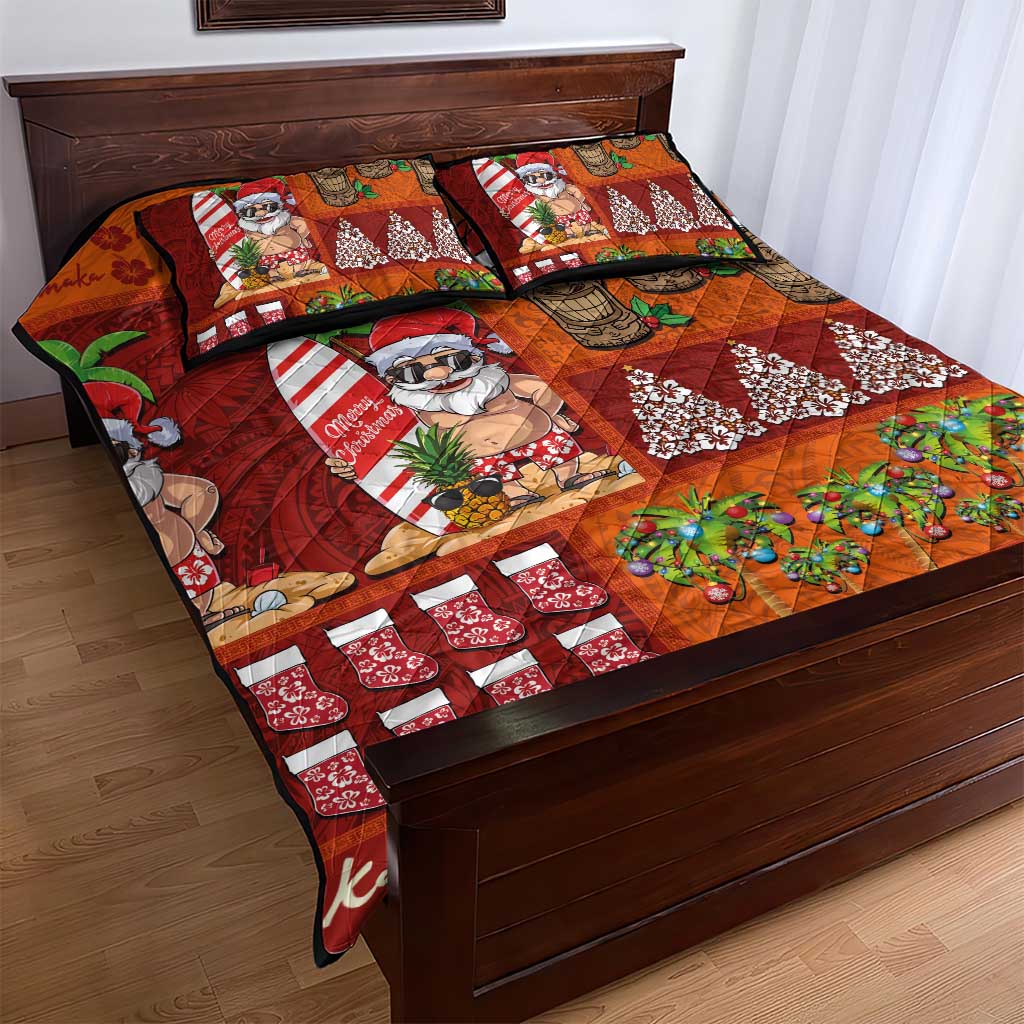 Hawaiian Christmas Quilt Bed Set - Mele Kalikimaka Island Holiday Vibes - Red Orange