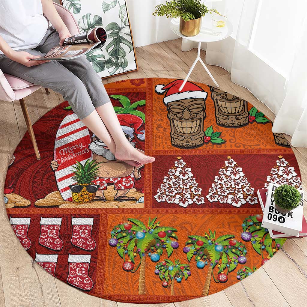 Hawaiian Christmas Round Carpet - Mele Kalikimaka Island Holiday Vibes - Red Orange LT03 - Polynesian Pride