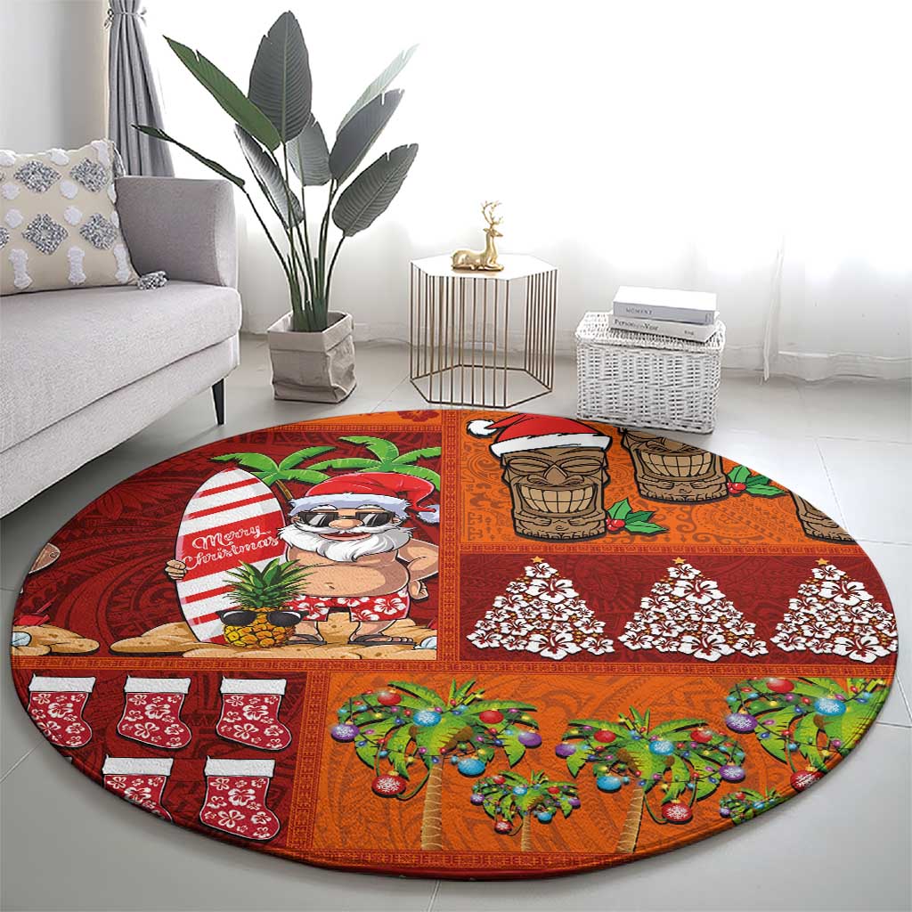 Hawaiian Christmas Round Carpet - Mele Kalikimaka Island Holiday Vibes - Red Orange LT03 - Polynesian Pride