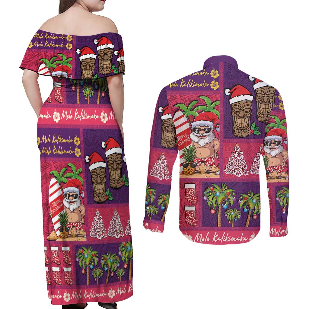 Hawaiian Christmas Couples Matching Off Shoulder Maxi Dress and Long Sleeve Button Shirt - Mele Kalikimaka Island Holiday Vibes - Pink Purple