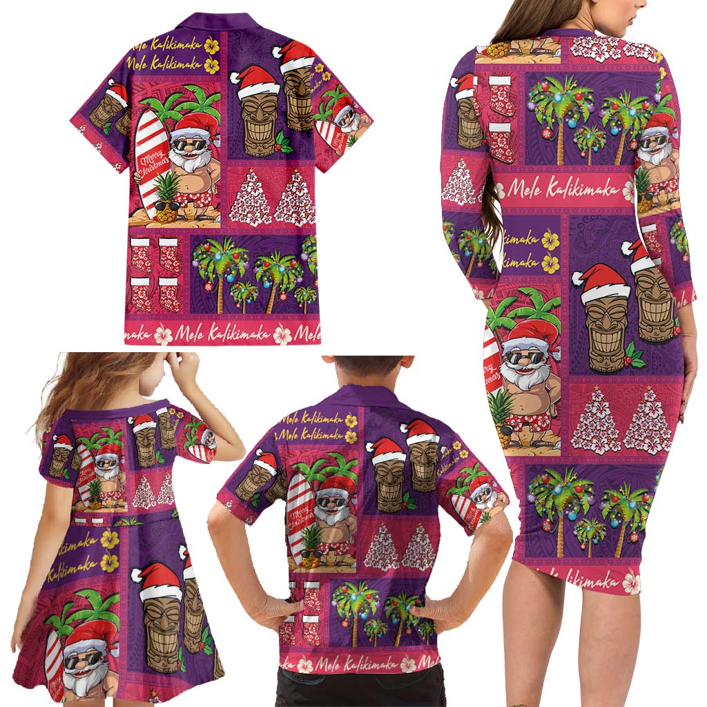 Hawaiian Christmas Family Matching Long Sleeve Bodycon Dress and Hawaiian Shirt - Mele Kalikimaka Island Holiday Vibes - Pink Purple