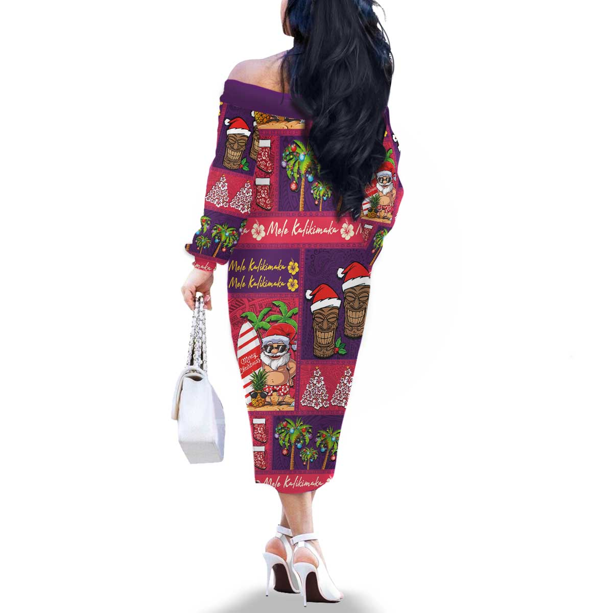Hawaiian Christmas Family Matching Off The Shoulder Long Sleeve Dress and Hawaiian Shirt - Mele Kalikimaka Island Holiday Vibes - Pink Purple