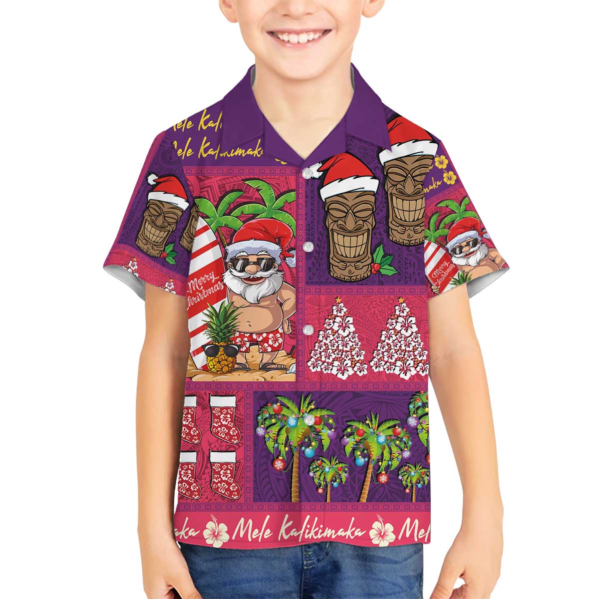 Hawaiian Christmas Family Matching Off The Shoulder Long Sleeve Dress and Hawaiian Shirt - Mele Kalikimaka Island Holiday Vibes - Pink Purple