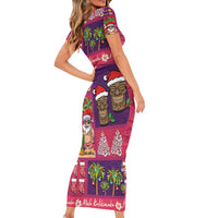 Hawaiian Christmas Family Matching Short Sleeve Bodycon Dress and Hawaiian Shirt - Mele Kalikimaka Island Holiday Vibes - Pink Purple