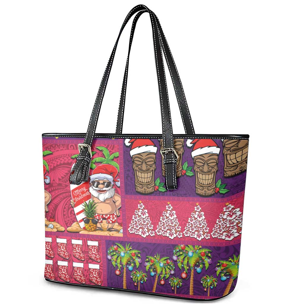 Hawaiian Christmas Leather Tote Bag - Mele Kalikimaka Island Holiday Vibes - Pink Purple