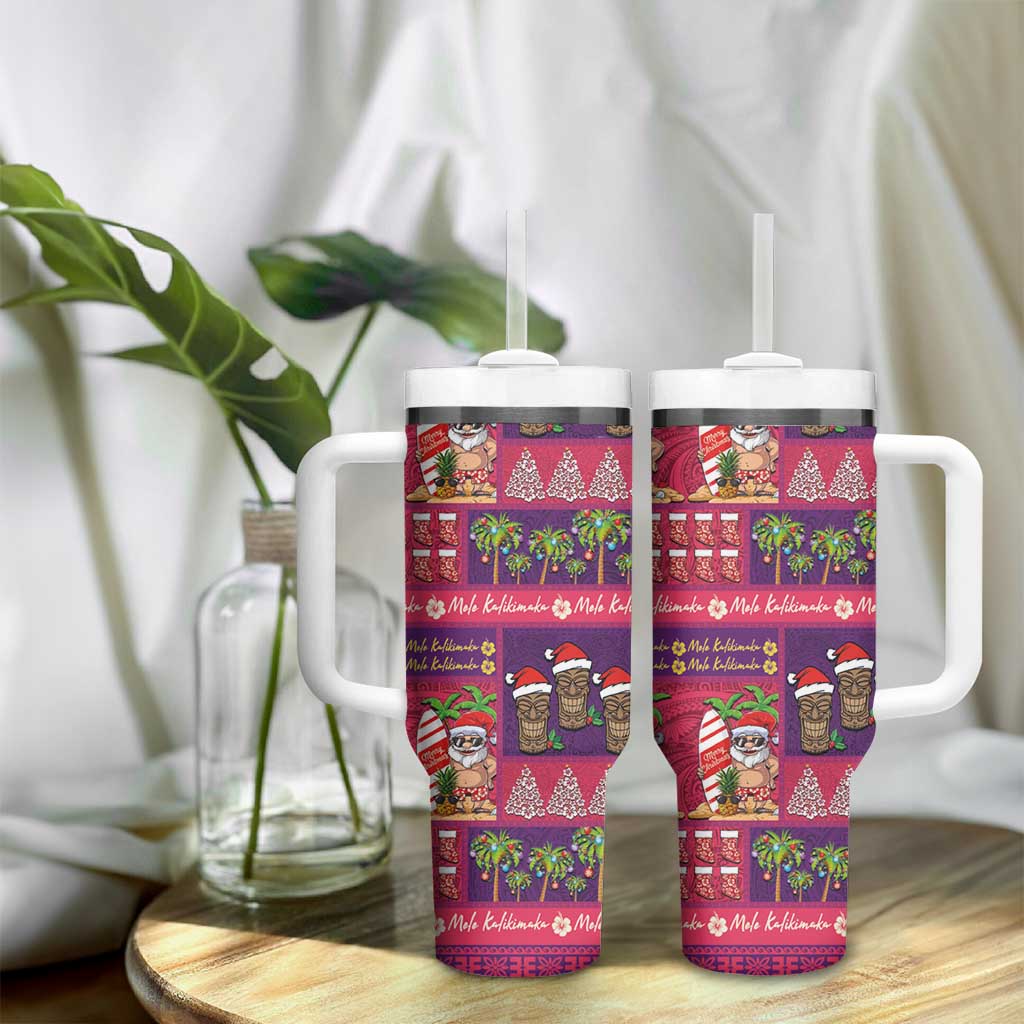 Hawaiian Christmas Tumbler With Handle - Mele Kalikimaka Island Holiday Vibes - Pink Purple