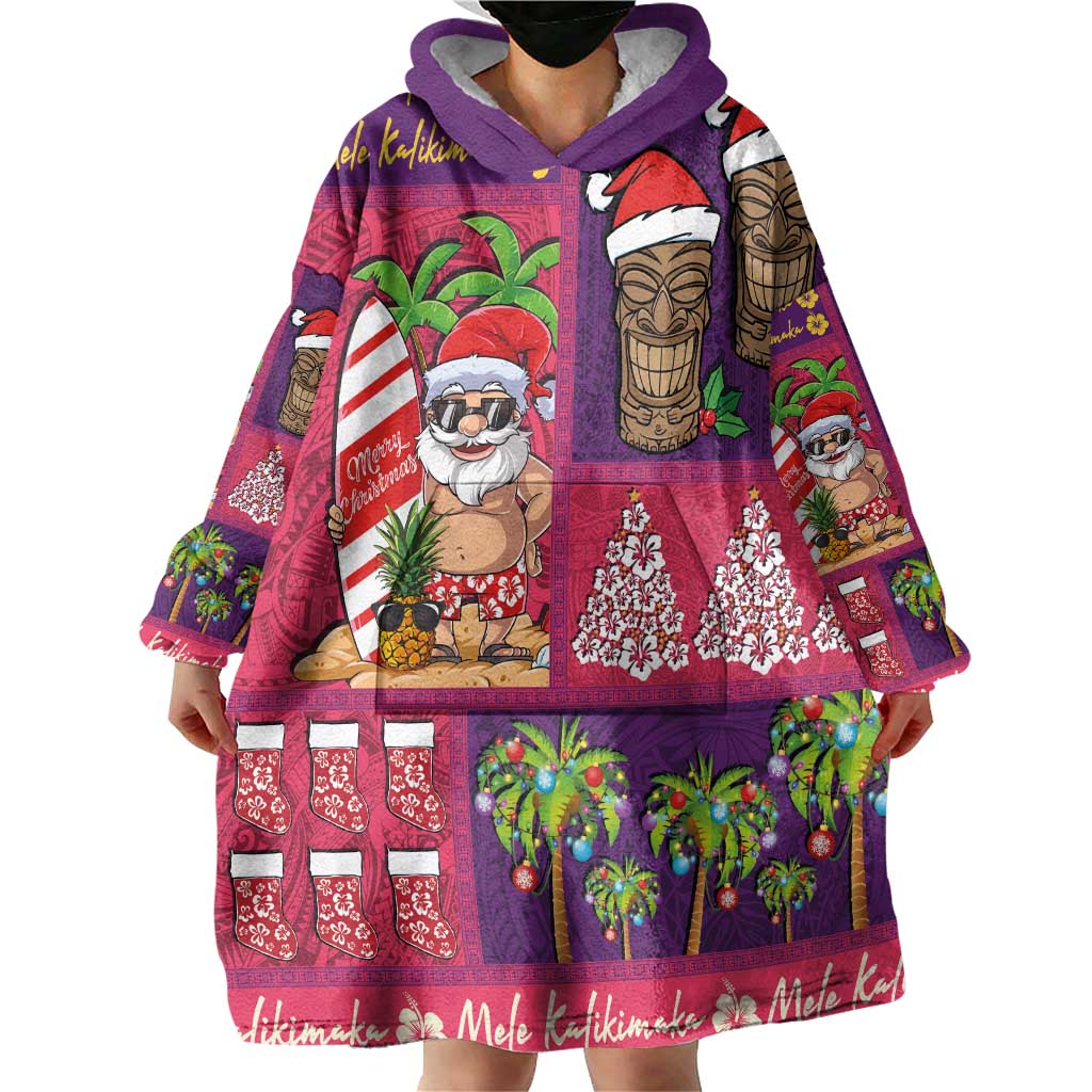 Hawaiian Christmas Wearable Blanket Hoodie - Mele Kalikimaka Island Holiday Vibes - Pink Purple