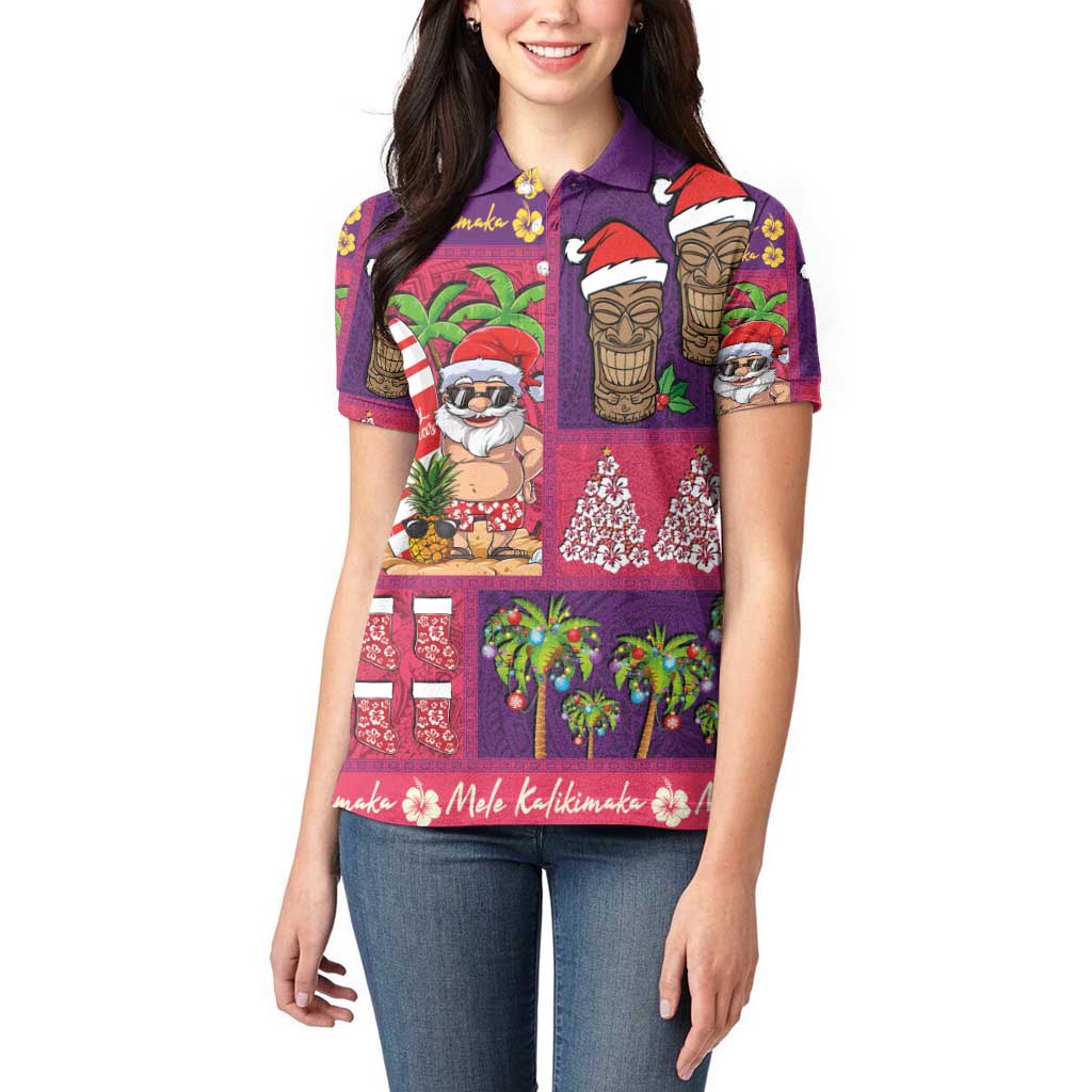 Hawaiian Christmas Women Polo Shirt - Mele Kalikimaka Island Holiday Vibes - Pink Purple