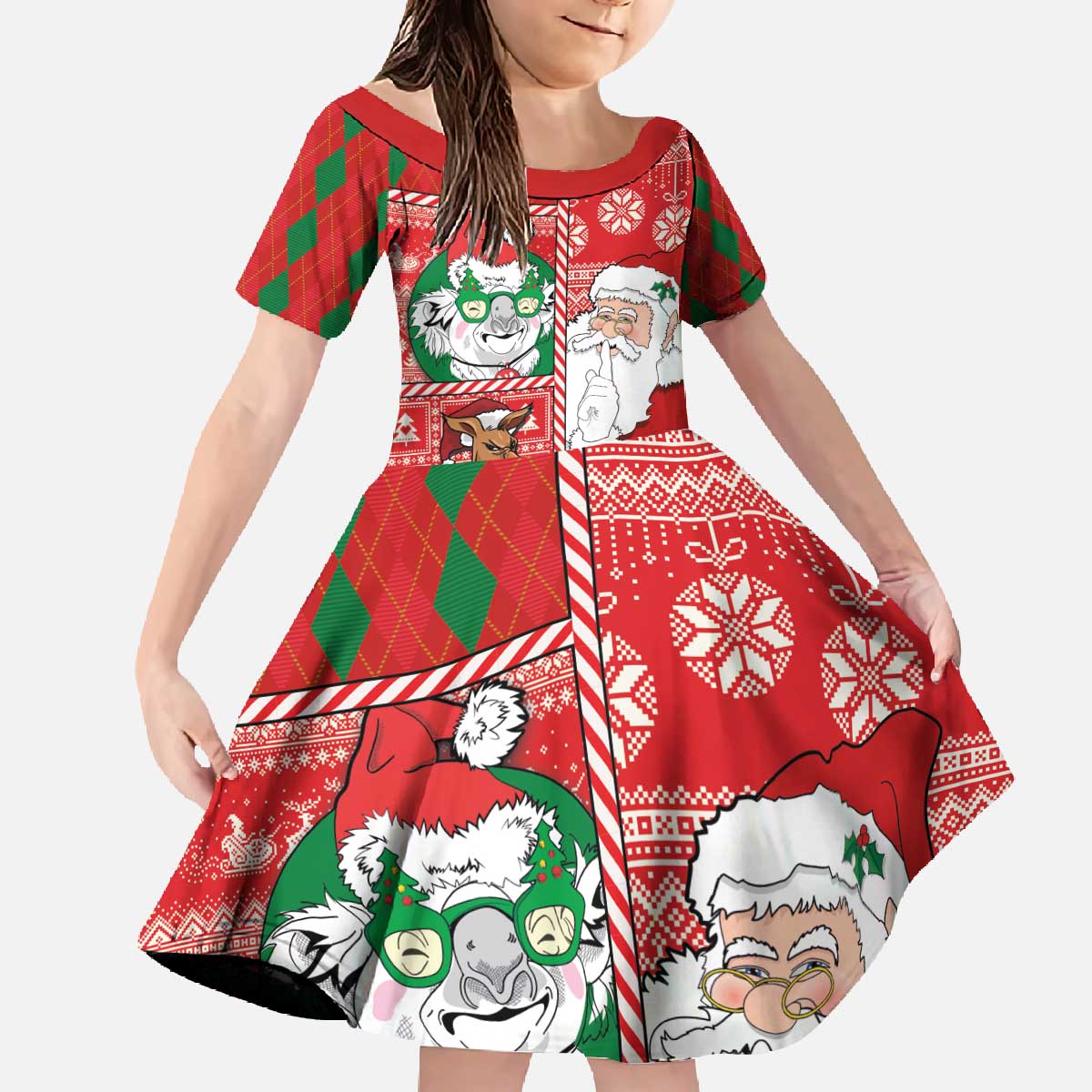 Australian Christmas Family Matching Off The Shoulder Long Sleeve Dress and Hawaiian Shirt - Santa Koala Kangaroo and Holiday Cheer