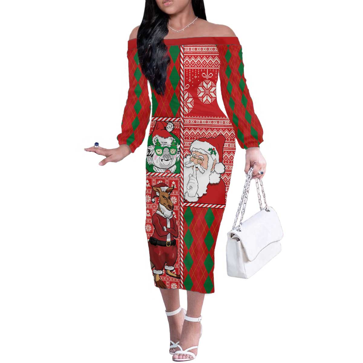 Australian Christmas Family Matching Off The Shoulder Long Sleeve Dress and Hawaiian Shirt - Santa Koala Kangaroo and Holiday Cheer