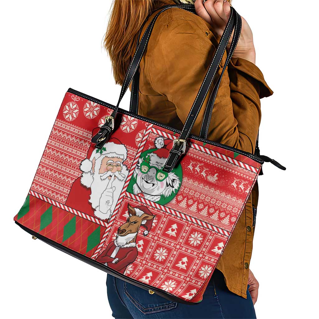 Australian Christmas Leather Tote Bag - Santa Koala Kangaroo and Holiday Cheer