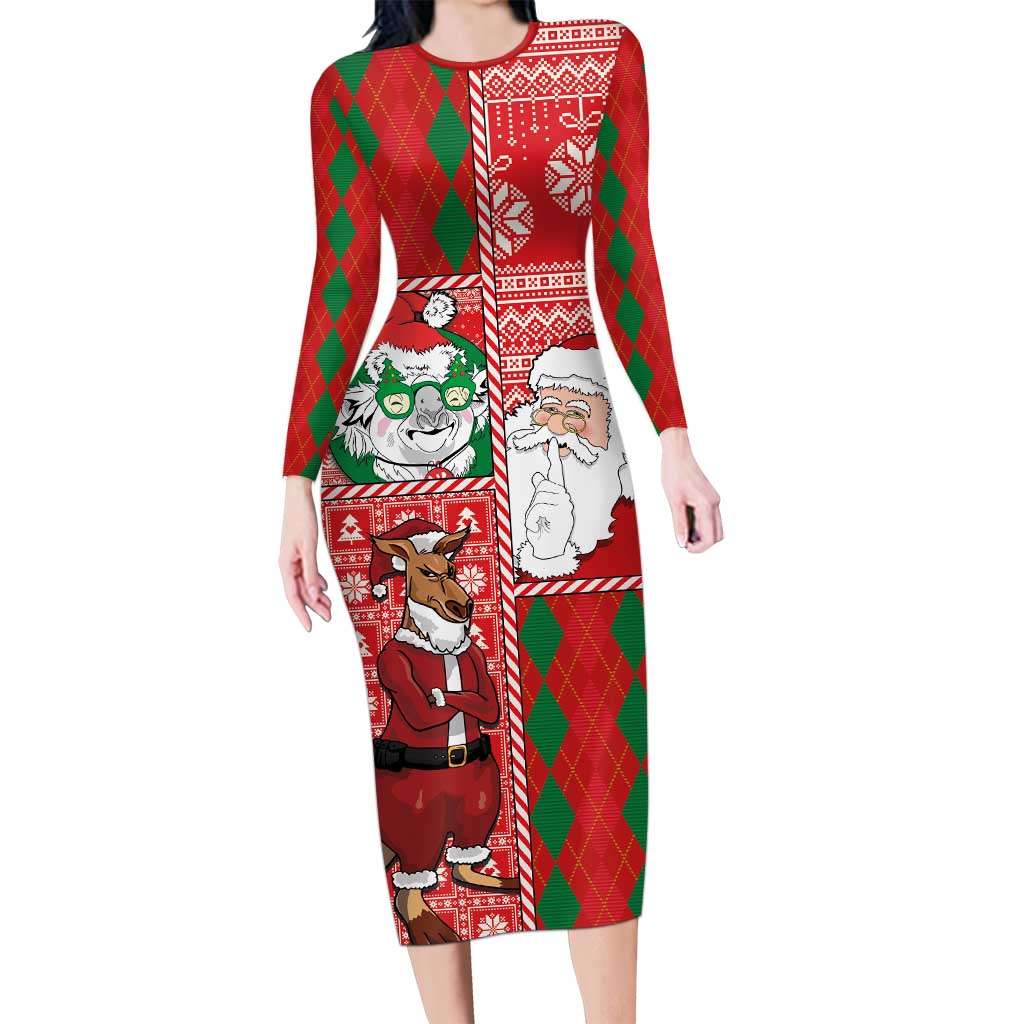Australian Christmas Long Sleeve Bodycon Dress - Santa Koala Kangaroo and Holiday Cheer LT03 Long Dress Red - Polynesian Pride