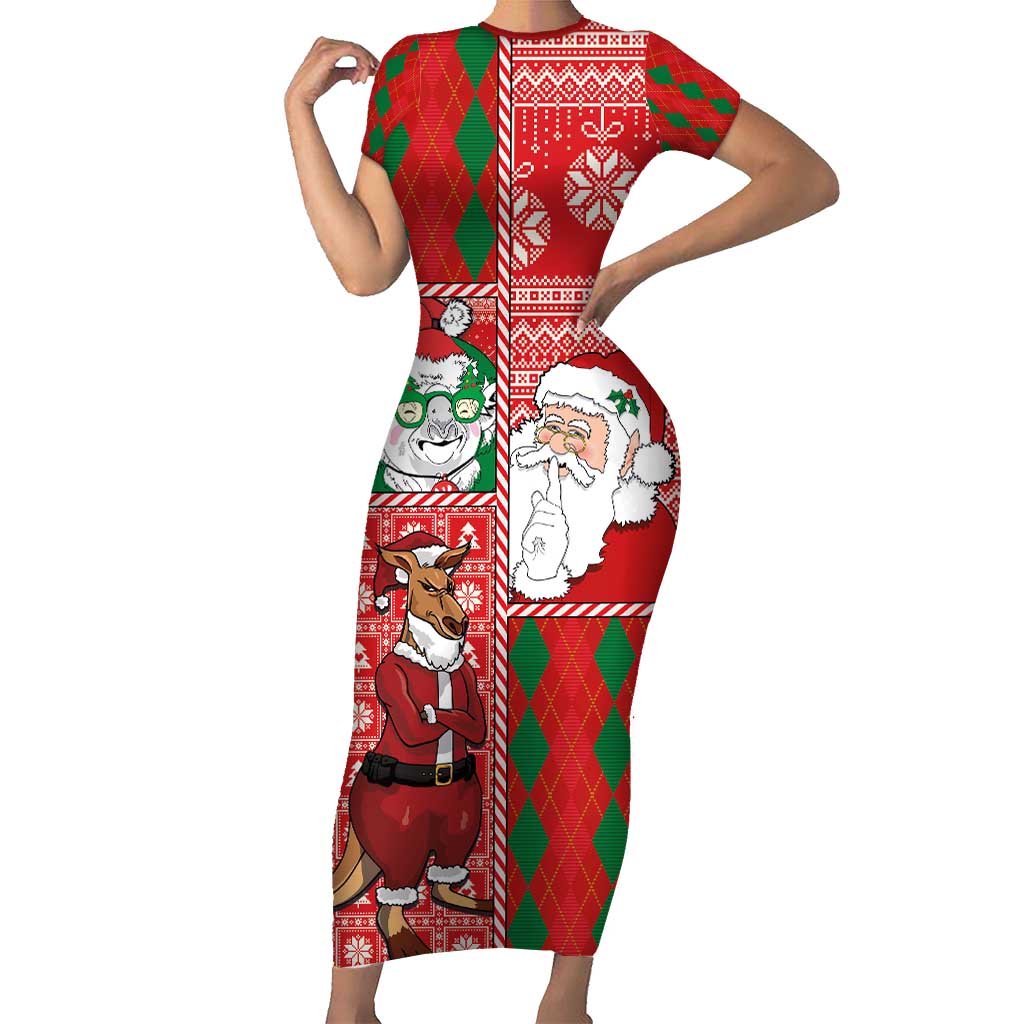 Australian Christmas Short Sleeve Bodycon Dress - Santa Koala Kangaroo and Holiday Cheer LT03 Long Dress Red - Polynesian Pride