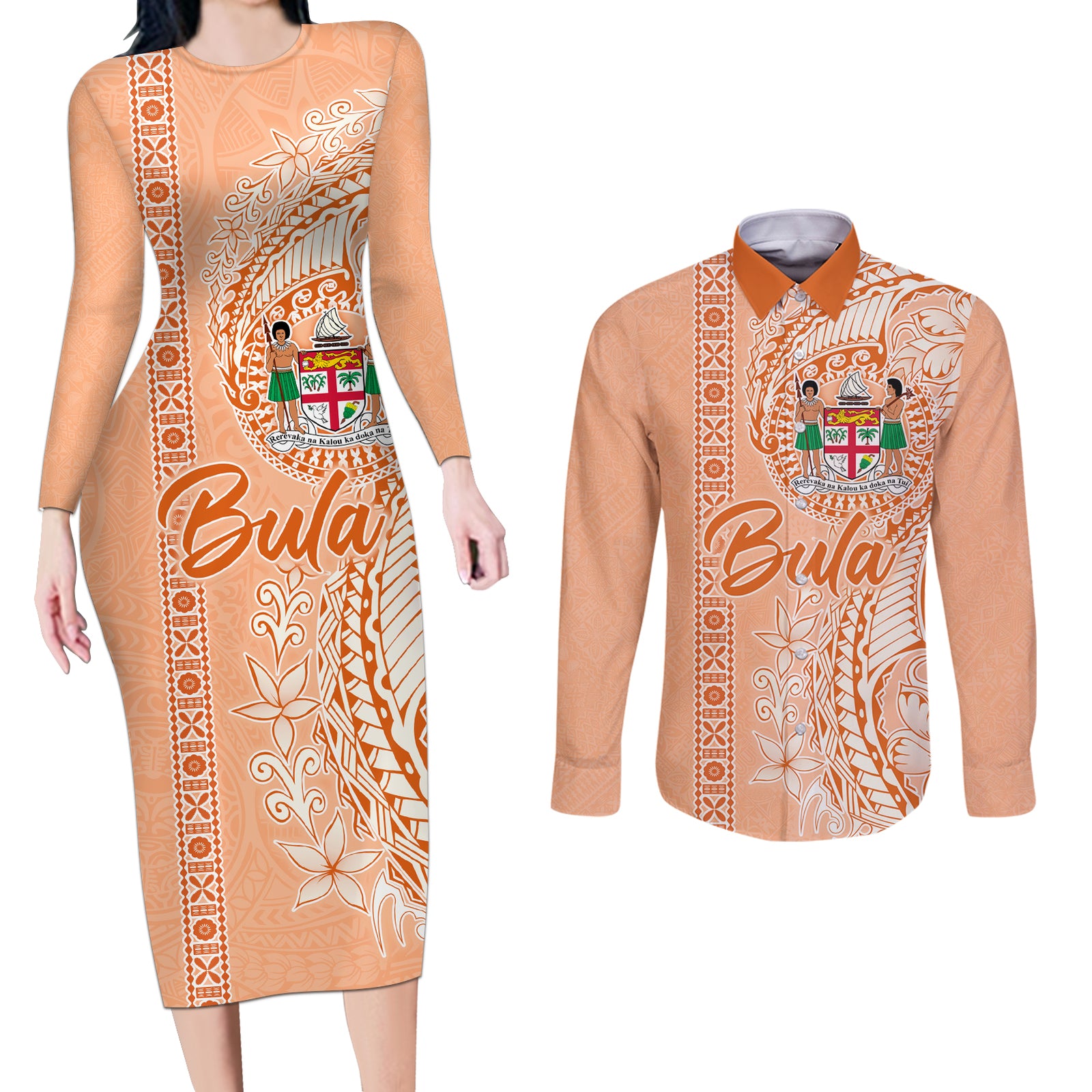 Bula Fiji Couples Matching Long Sleeve Bodycon Dress and Long Sleeve Button Shirt Tropical Flower and Tapa Pattern Peach Fuzz Color LT03 Peach Fuzz - Polynesian Pride