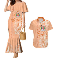 Bula Fiji Couples Matching Mermaid Dress and Hawaiian Shirt Tropical Flower and Tapa Pattern Peach Fuzz Color LT03 Peach Fuzz - Polynesian Pride