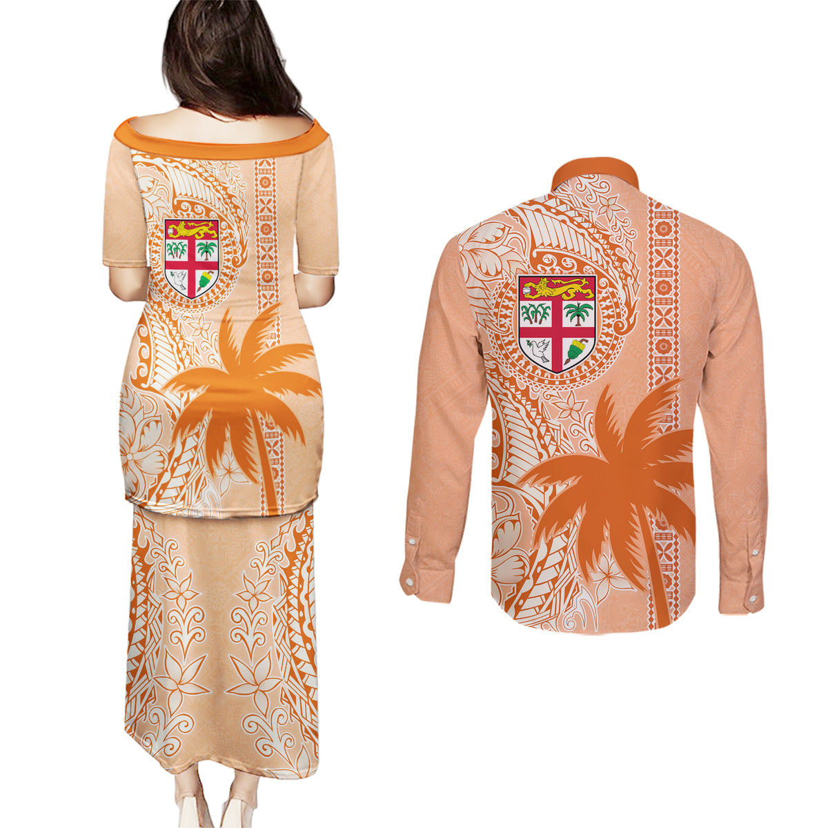 Bula Fiji Couples Matching Puletasi Dress and Long Sleeve Button Shirt Tropical Flower and Tapa Pattern Peach Fuzz Color LT03 - Polynesian Pride