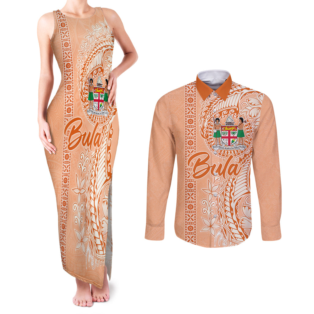Bula Fiji Couples Matching Tank Maxi Dress and Long Sleeve Button Shirt Tropical Flower and Tapa Pattern Peach Fuzz Color LT03 Peach Fuzz - Polynesian Pride