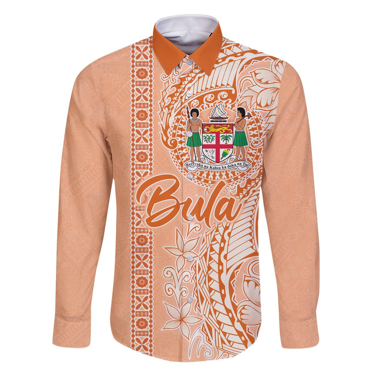 Bula Fiji Family Matching Off Shoulder Long Sleeve Dress and Hawaiian Shirt Tropical Flower and Tapa Pattern Peach Fuzz Color LT03 Dad's Shirt - Long Sleeve Peach Fuzz - Polynesian Pride